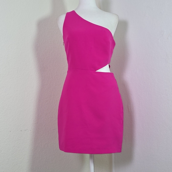 Amanda Uprichard Hot Pink One Shoulder Cutout Mini Dress Size S  Cocktail - Picture 1 of 12